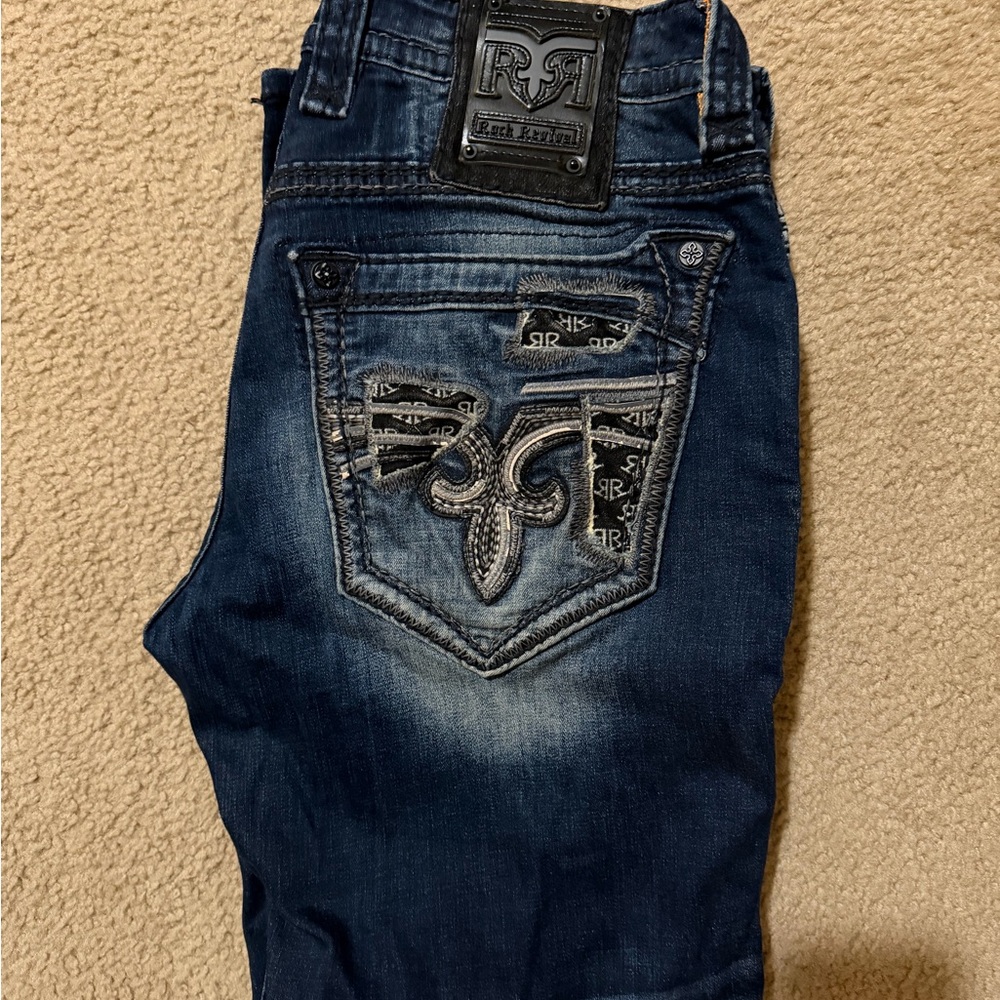 Rock Revival Men’s Jeans Size 34 Dark Wash Heavy Stitching Buckle